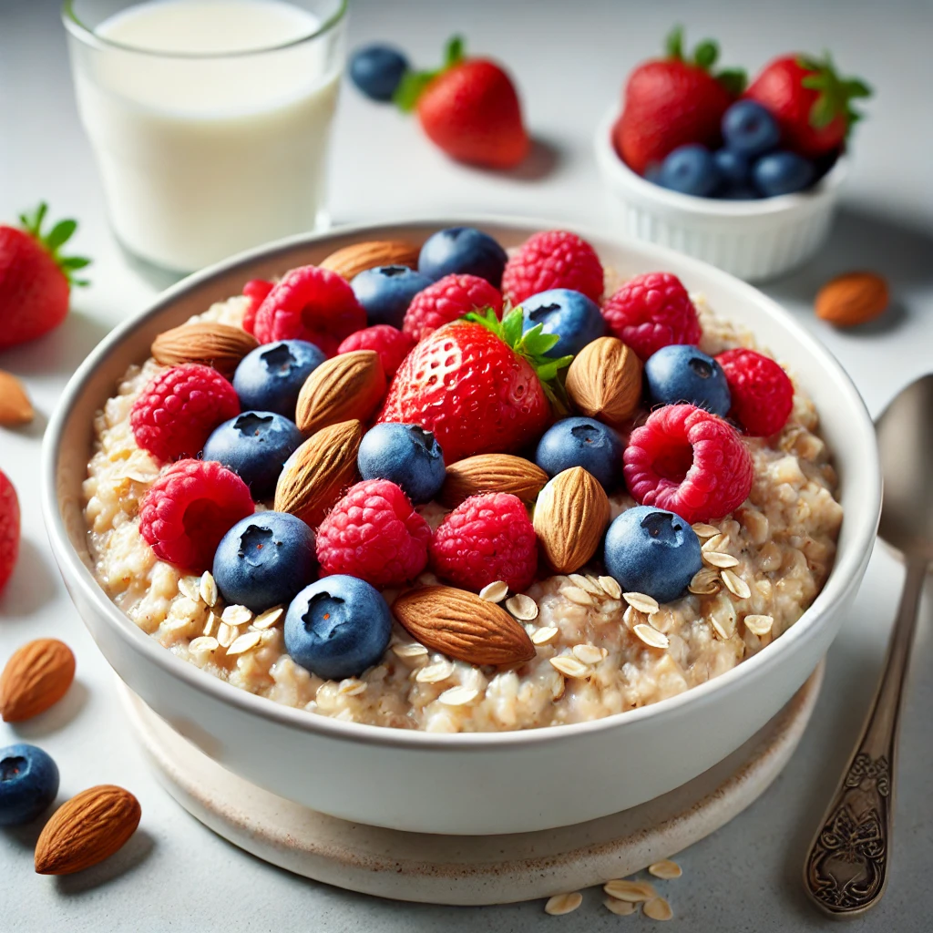 DALL·E 2024-07-16 20.58.51 - A healthy bowl of oatmeal topped with fresh berries (strawberries, blueberries, raspberries) and a handful of nuts (walnuts, almonds). The oatmeal is