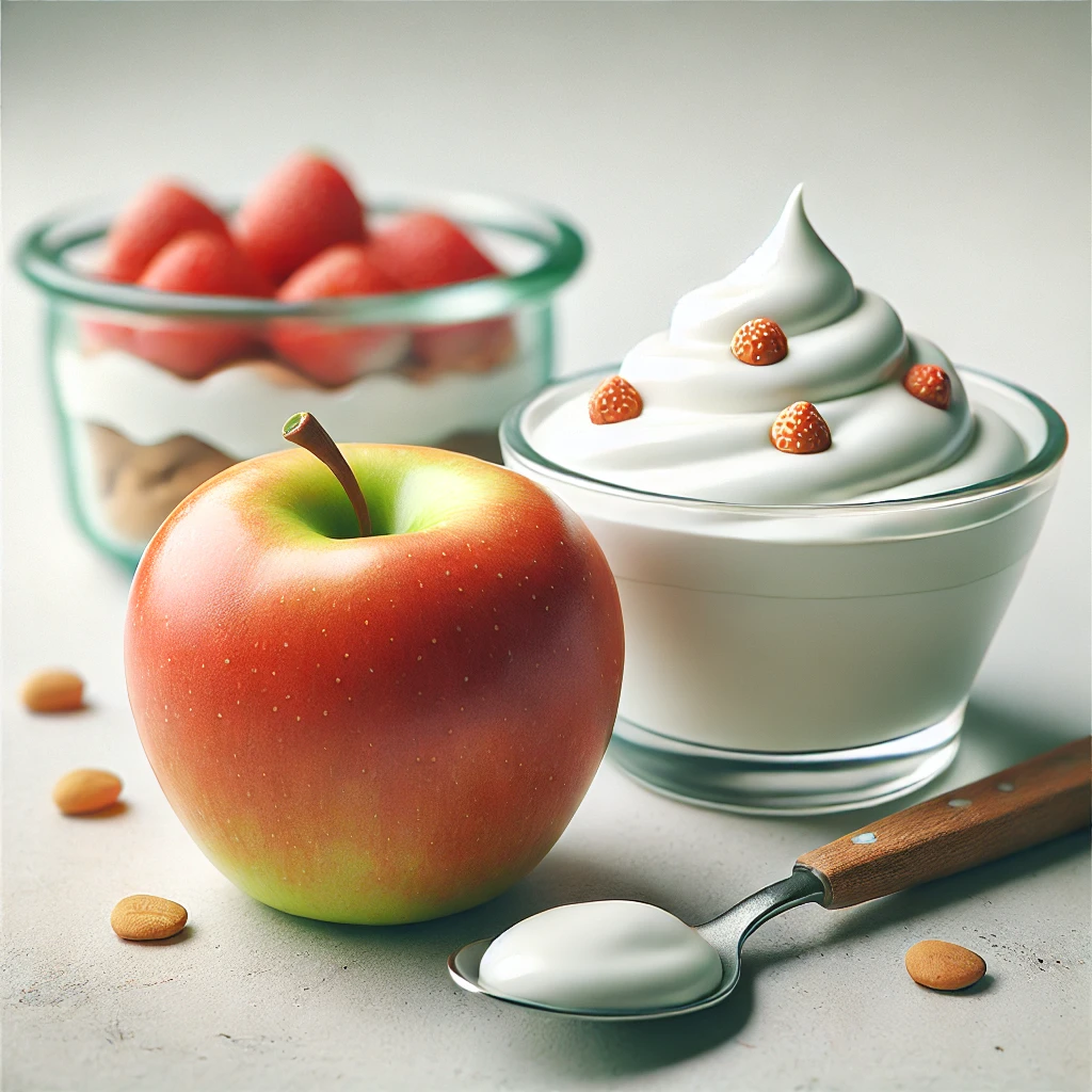 DALL·E 2024-07-16 20.59.00 - A healthy DASH diet snack featuring a piece of fruit, such as an apple, and a serving of low-fat yogurt. The apple is whole and fresh, while the yogur