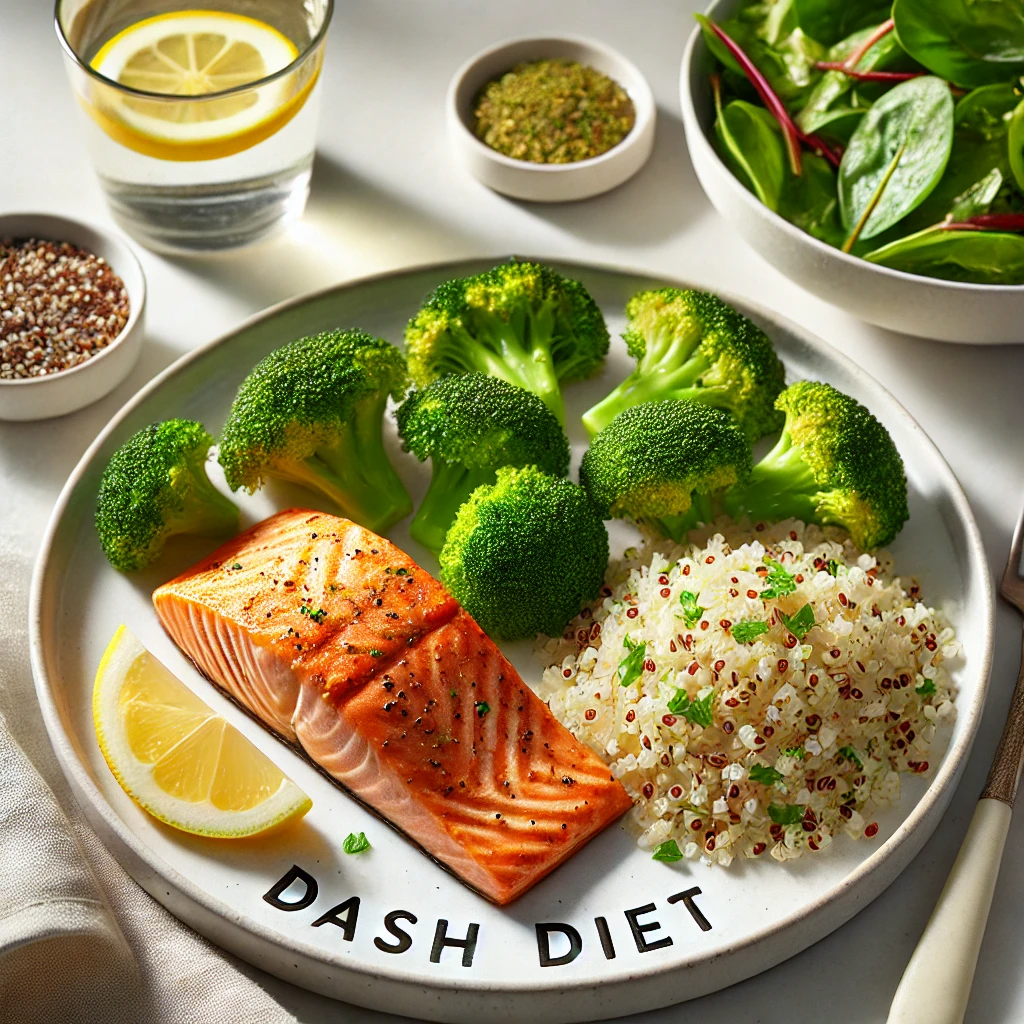 DALL·E 2024-07-16 21.10.18 - A healthy DASH diet dinner featuring a baked salmon fillet with a side of steamed broccoli and quinoa. The salmon is perfectly cooked with a light sea