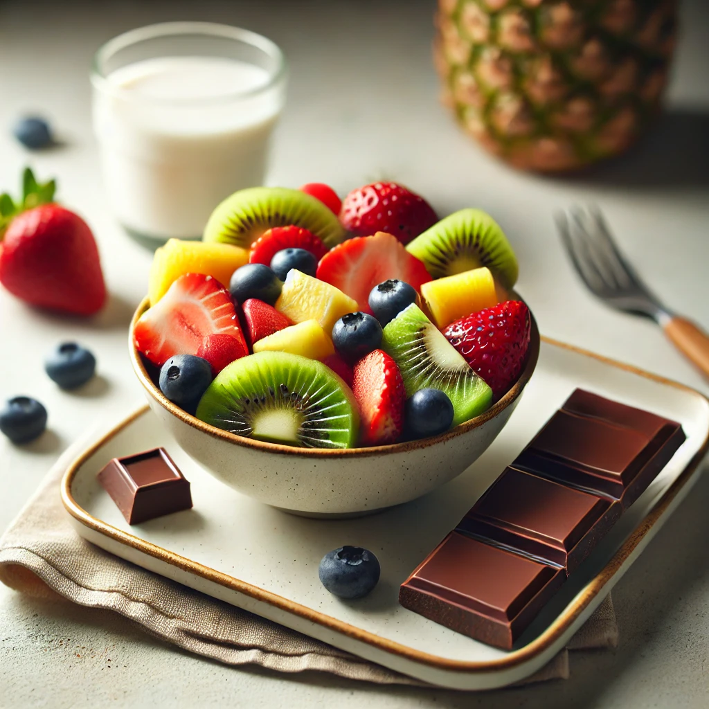 DALL·E 2024-07-16 21.20.31 - A healthy snack featuring a serving of fresh fruit salad or a small piece of dark chocolate (1-2 squares). The fruit salad includes a variety of fresh