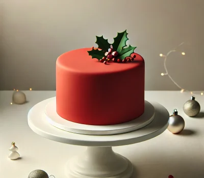 DALL·E 2024-07-16 12.56.40 - A simple fondant cake with a single color, dressed up for a Christmas party. The cake is smooth and elegantly covered in solid red fondant with minima