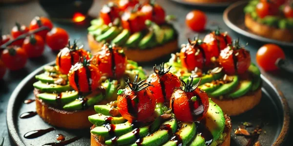 DALL·E 2025-02-11 16.22.07 - A beautifully plated keto avocado bruschetta with cherry tomatoes and balsamic glaze. The dish is elegantly arranged on a dark serving platter, featur