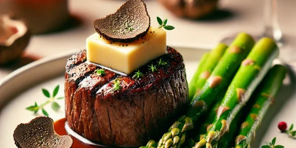 DALL·E 2025-02-11 16.39.20 - A beautifully plated keto filet mignon with truffle-infused red wine butter and roasted asparagus. The dish features a perfectly seared filet mignon t