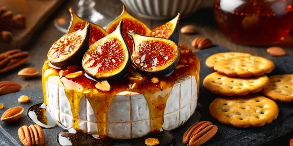 DALL·E 2025-02-11 16.51.37 - A beautifully plated keto fig-infused Brie with toasted almonds and a sugar-free honey drizzle. The dish features a warm, gooey Brie wheel topped with