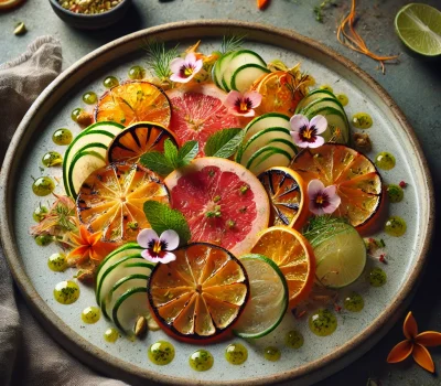 DALL·E 2025-09-11 11.43.41 - An exotic and artistic dish of Charred Citrus Carpaccio arranged on a modern ceramic plate. The dish features thin slices of oranges, grapefruit, lime