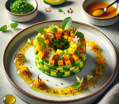 DALL·E 2025-09-11 11.45.50 - An exotic and modern plated dish of Spiced Mango & Avocado Tartare. The tartare is neatly molded into a circular stack using a ring mold, with vibrant