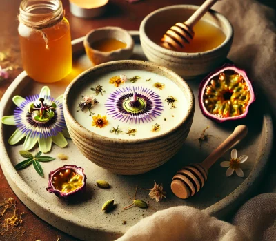 DALL·E 2025-09-11 12.26.06 - An elegant and calming herbal drink_ Passionflower & Chamomile Elixir served in a handmade ceramic cup. The drink is a creamy, pale golden moon milk w