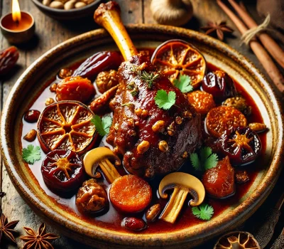 DALL·E 2025-09-11 13.30.28 - An exotic plated dish of Braised Lamb with Functional Mushroom Infusion. The dish features tender lamb shanks in a rich, glossy sauce infused with Cor