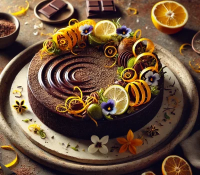 DALL·E 2025-09-11 13.34.22 - An elegant Dark Chocolate–Citrus Zest Torte with Coconut Oil, plated in a modern Mediterranean–tropical style. The flourless chocolate cake is glossy