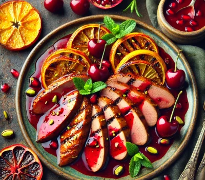 DALL·E 2025-09-11 13.39.35 - An elegant summer dish of Grilled Duck Breasts with Tart Cherry–Pomegranate Glaze. Sliced duck breasts with golden, crispy skin are fanned out on a ce