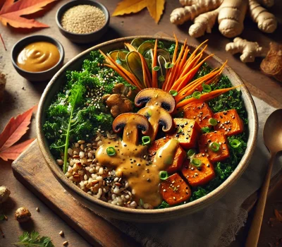 DALL·E 2025-09-12 18.20.52 - A highly realistic photo of a vibrant fall grain bowl served in a ceramic bowl. The bowl includes roasted miso-glazed sweet potato cubes, sautéed cord