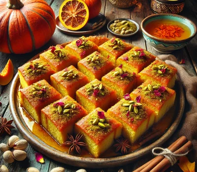 DALL·E 2025-09-12 18.31.59 - A highly realistic photo of an exotic fall dessert_ Roasted Pumpkin and Cinnamon Basbousa, a Middle Eastern semolina cake infused with roasted pumpkin