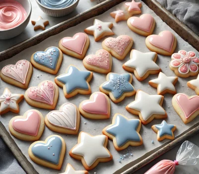 DALL·E 2025-10-18 09.30.12 - A realistic photo of decorated sugar cookies on a baking tray. The cookies are medium-sized, shaped like stars, hearts, and circles, with smooth, glos