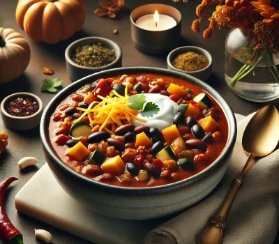 DALL·E 2025-11-11 14.02.42 - A realistic, high-end food photograph of a bowl of Harvest Chili in an elegant setting. The chili is thick and hearty, featuring black beans, kidney b