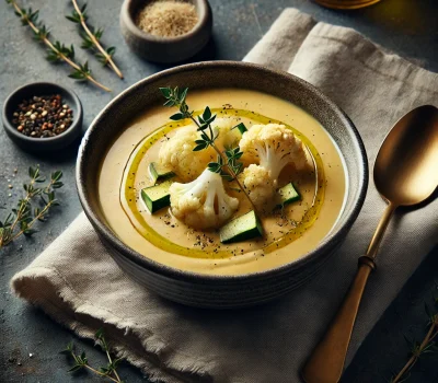 DALL·E 2025-11-11 14.12.28 - A realistic, high-end food photograph of a bowl of Velouté Garden Soup, served in an elegant ceramic bowl on a dark textured surface. The soup is crea