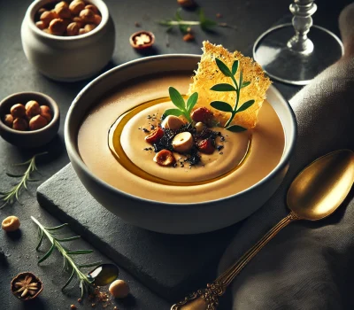 DALL·E 2025-11-11 14.17.53 - A realistic, upscale food photograph of a gourmet bowl of Black Garlic & Hazelnut Bisque. The soup is silky, golden-beige with a velvety texture, serv