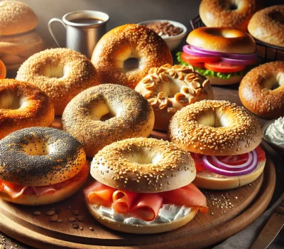 DALL·E 2025-11-13 16.06.40 - A delicious assortment of New York-style bagels arranged on a wooden board. The bagels are fresh and golden-brown, with a variety of toppings includin