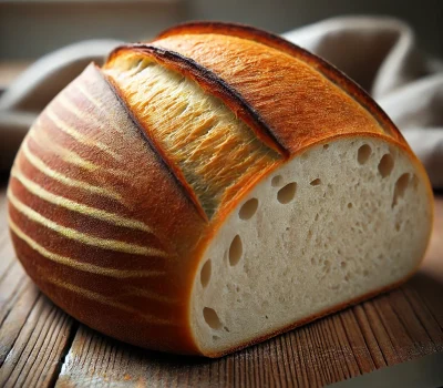 DALL·E 2025-11-13 16.24.30 - A close-up of a rustic loaf of bread on a wooden table, transformed into a soft tan loaf with a smooth, lightly baked crust. The entire surface is eve