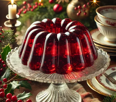 DALL·E 2025-11-13 19.18.22 - A beautifully styled holiday dessert scene featuring a sparkling 'Golden Dolci Cranberry Jewel Ring' gelatin mold. The gelatin ring is a deep ruby red