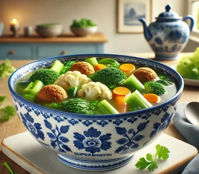DALL·E 2025-11-16 15.30.12 - A photorealistic and visually appealing bowl of Dutch-inspired Groentesoep with Supergreens & Balletjes, served in an elegant blue Delftware ceramic b