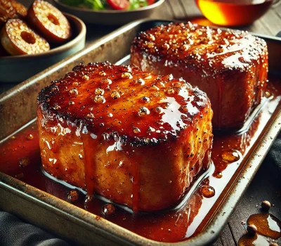 DALL·E 2025-11-20 11.22.22 - A hyper-realistic photograph-style image of Caramelized Honey-Mustard Pork Steaks. The pork steaks are thick, golden-brown, and glazed with a rich, st