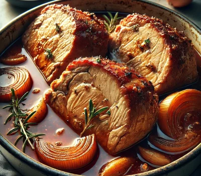 DALL·E 2025-11-20 11.34.50 - A hyper-realistic photograph-style image of Savory Broth-Braised Pork Shoulder Slices. Thick-cut pork shoulder slices are braised in a rich, savory br