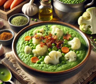DALL·E 2025-11-21 19.19.21 - A cozy and nutritious bowl of Split Pea & Cauliflower Soup served in a rustic ceramic bowl on a wooden table. The soup has a completely smooth and thi