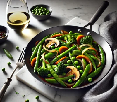 DALL·E 2025-11-24 11.28.23 - A modern, upscale photograph of a vibrant vegetable stir fry served on a white marble countertop. The stir fry includes green beans, broccoli, green p