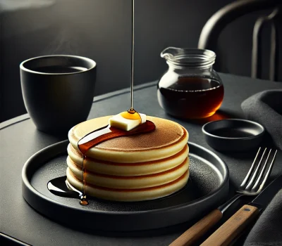 DALL·E 2025-11-24 11.40.10 - A modern, sleek photograph of a classic pancake stack. The pancakes are perfectly round and golden-brown, stacked neatly on a matte black plate with a