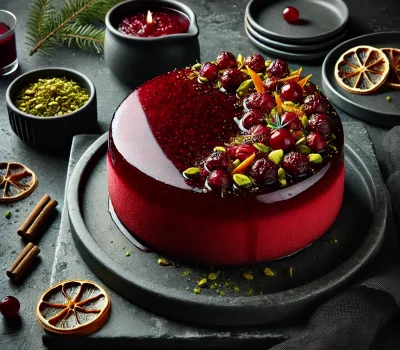 DALL·E 2025-12-20 22.49.33 - A modern and masculine presentation of a Cranberry Bitters Cake. The cake is round or loaf-shaped, with a glossy, ruby-red cranberry glaze (jelly cap)