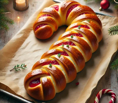 DALL·E 2025-12-21 16.25.13 - A realistic, festive braided jam bread shaped like a candy cane. The bread is golden brown with a shiny glaze drizzled on top and vibrant red jam visi