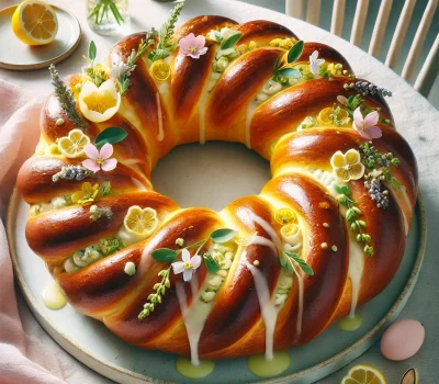 DALL·E 2025-12-21 16.50.21 - An elegant Easter brioche wreath, shaped into a braided circular loaf. The golden-brown bread is swirled with a visible layer of lemon curd and cream