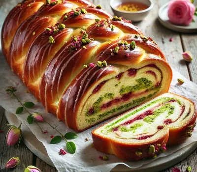 DALL·E 2025-12-21 16.53.50 - A braided brioche loaf filled with pistachio paste and rose jam, styled for spring. The loaf is beautifully golden-brown and glossy, twisted in a long