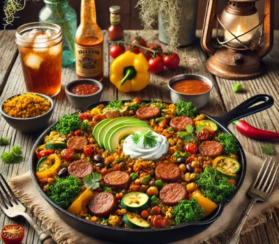 DALL·E 2026-01-14 11.17.53 - A highly realistic and appetizing image of the 'Golden Bayou Fusion Skillet' served in a rustic bayou-style table setting. The dish is presented in a