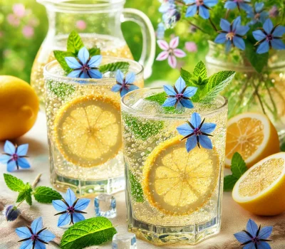 DALL·E 2026-03-12 20.05.33 - Fresh sparkling lemon garden drink served in clear glasses filled with ice and effervescent bubbles, garnished with thin lemon slices, mint sprigs, an