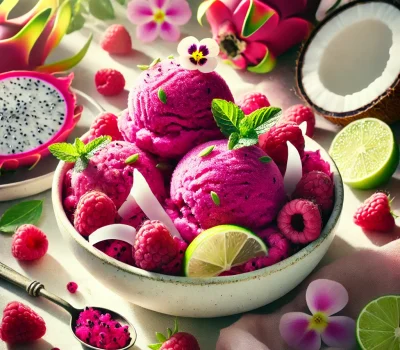 DALL·E 2026-03-12 20.08.45 - Vibrant tropical dessert photography of dragon fruit lime coconut sorbet served in elegant bowls. The sorbet is bright magenta-pink with a smooth, sli