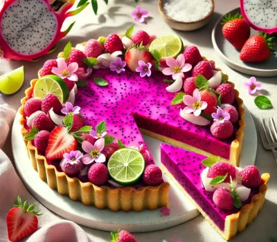 DALL·E 2026-03-12 20.11.32 - Elegant spring dessert photography of a dragon fruit lime coconut tart. The tart has a golden almond-coconut crust filled with smooth vibrant magenta