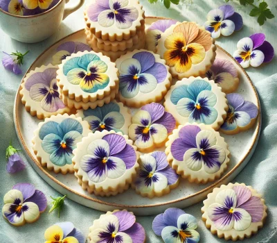 DALL·E 2026-03-12 20.26.28 - Elegant spring dessert photography of pressed pansy butter cookies arranged on a ceramic plate. The cookies are pale golden round almond-butter cookie