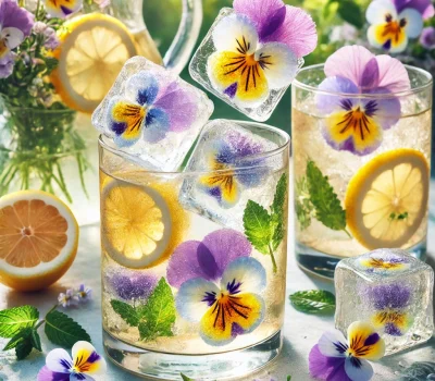 DALL·E 2026-03-12 20.27.04 - Beautiful botanical lemonade in clear glasses filled with crystal ice cubes that contain suspended pansy flowers frozen inside. The lemonade is pale g