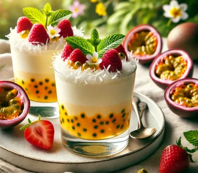 DALL·E 2026-03-13 11.53.03 - Elegant tropical dessert photography of passion fruit coconut cloud mousse served in clear dessert glasses. The mousse is airy and pale golden with a