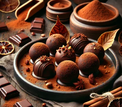 DALL·E 2026-03-14 17.08.26 - ultra realistic gourmet dessert photography of dark chocolate reishi autumn truffles arranged on a dark ceramic plate. The truffles are round, coated