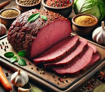 DALL·E 2026-03-19 20.48.04 - A realistic food photograph of homemade corned beef preparation and serving without any curing container. Focus on a cooked corned beef roast sliced a