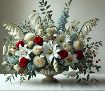 DALL·E 2026-03-20 06.17.22 - Refined Divine Mercy inspired floral arrangement with stronger red presence. A lush low oval centerpiece of white lilies, white roses, cream peonies,