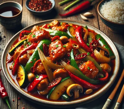 DALL·E 2026-05-17 21.15.42 - A realistic square-format food photography image of Szechuan Chicken Stir-Fry served in a wide ceramic plate on a rustic wooden restaurant table. The