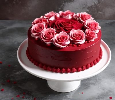 roses and red velvet cake